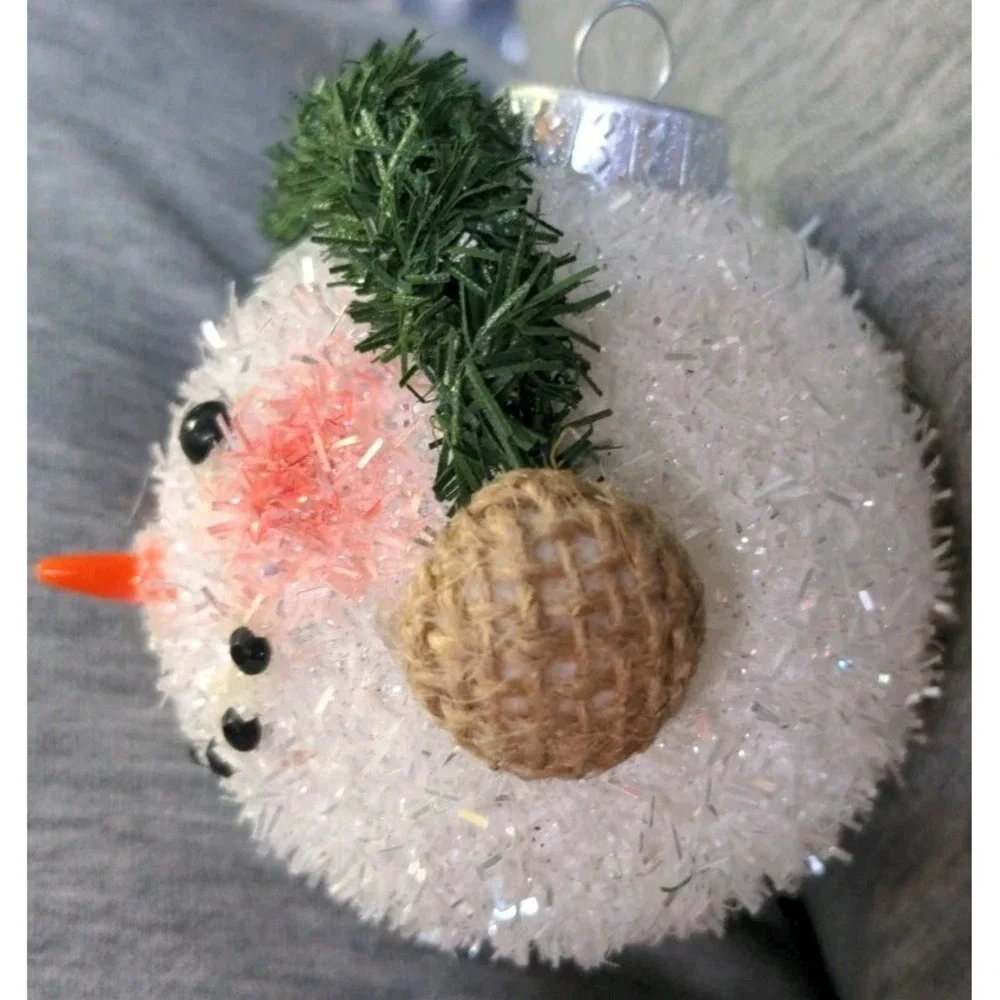 Snowman Head‎ Christmas Ornaments  Set Of 4 Fuzzy Glitter G&B Holiday Decor